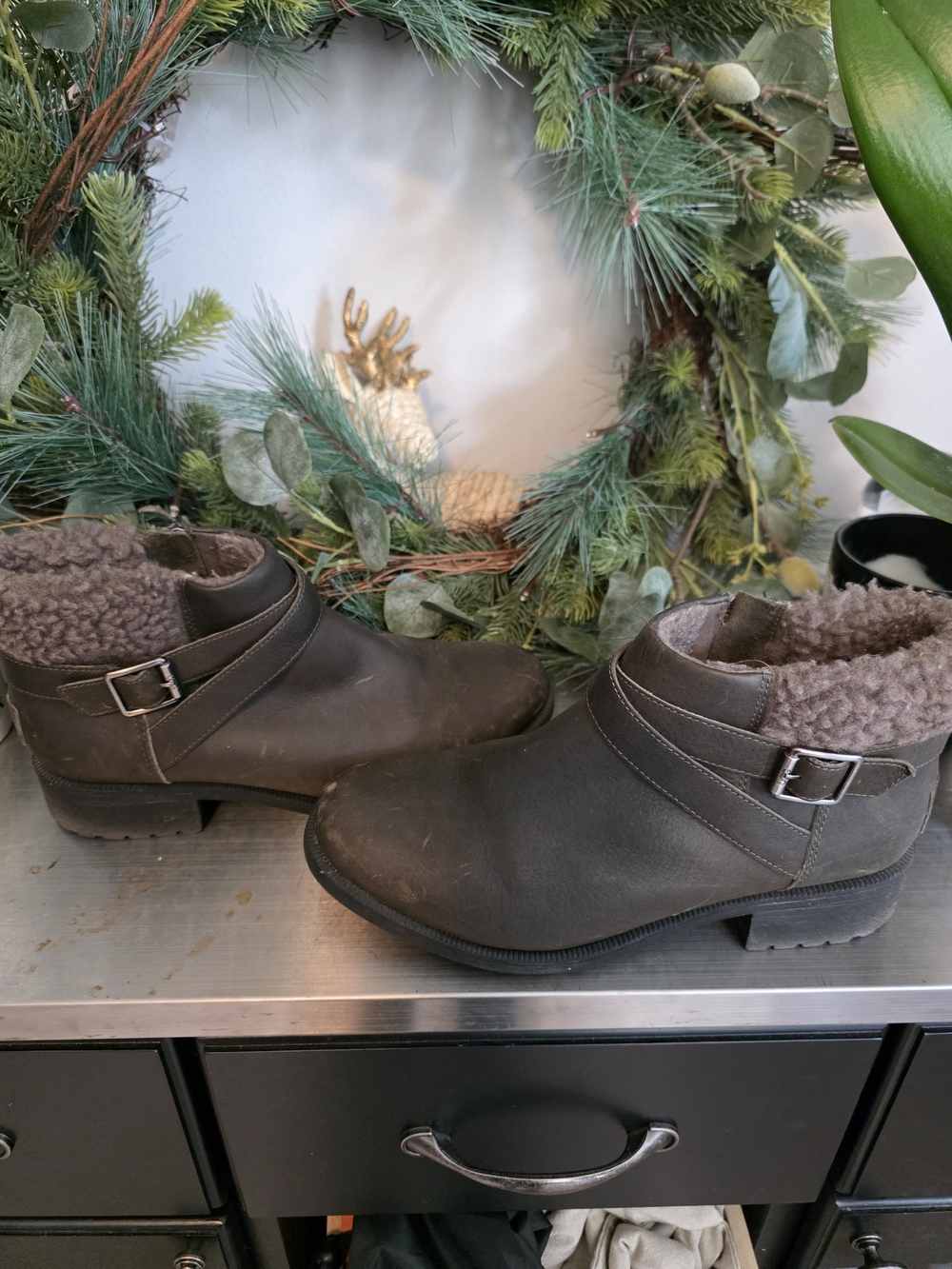 UGG Women's Dark Brown Shearling-Lined Ankle Booties with Buckle